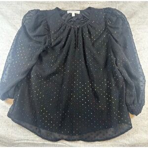 Addison Parker Black Puff Sleeve Sheer Blouse Multi Color Heart Dots  Size S